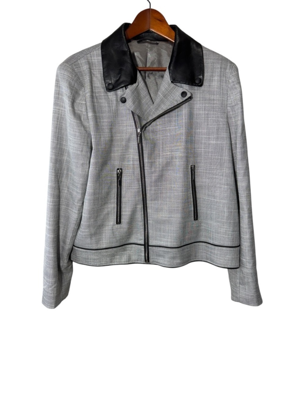 Tahari Cropped Moto Blazer Jacket Gray Black Faux Leather Collar Zip XL